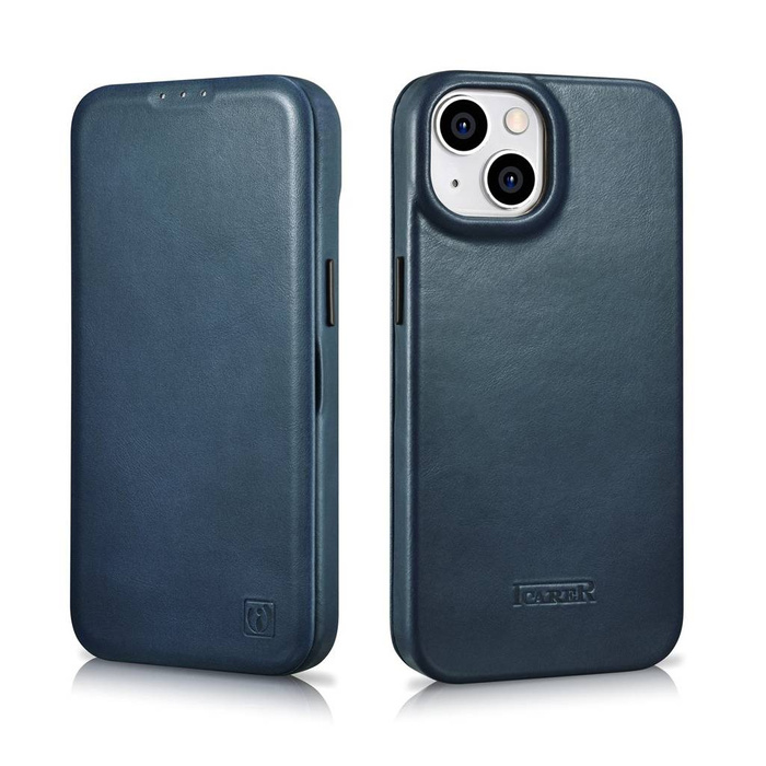 iCarer CE Oil Wax Premium Leather Folio Case skórzane etui iPhone 14 Plus z klapką magnetyczne MagSafe niebieski (AKI14220707-BU)