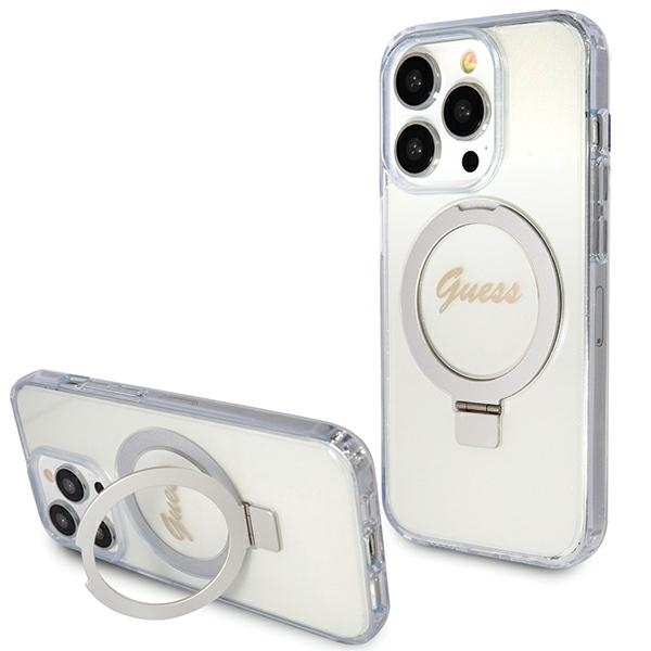 Etui Guess GUHMP15XHRSGSD iPhone 15 Pro Max 6.7" przezroczysty/transparent hardcase Ring Stand Script Glitter MagSafe Case