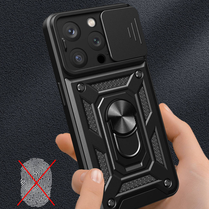 Etui Pancerne etui z podstawką i osłoną aparatu do iPhone 15 Pro Max Hybrid Armor Camshield - niebieskie Case