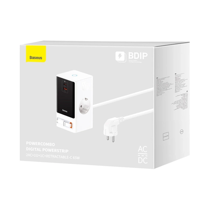 Stacja łądująca Baseus PowerCombo 65W 1.5m 2 x EU + USB-A + USB-C + zwijany kabel USB-C - biała