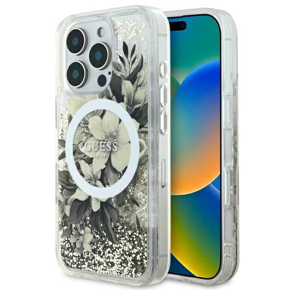 Etui Guess iPhone 16 Pro 6.3" beżowy/beige hardcase Liquid Glitter Flower MagSafe
