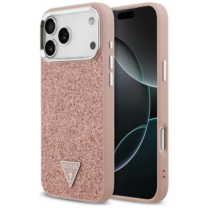 Etui Guess Glitter Triangle Logo MagSafe do iPhone 17 Pro Max różowy
