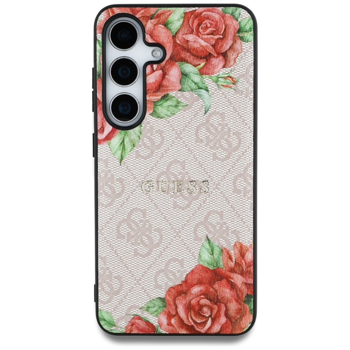 Etui Guess Leather 4G Flowers Print       Metal Classic Logo MagSafe Samsung Galaxy S25 różowy