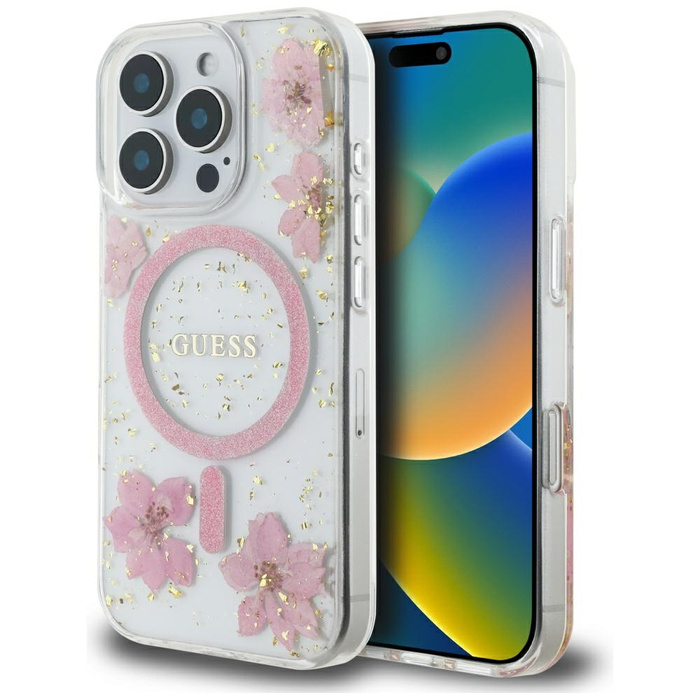 Etui Guess Resin Flowers MagSafe do      iPhone 16 Pro Max różowy