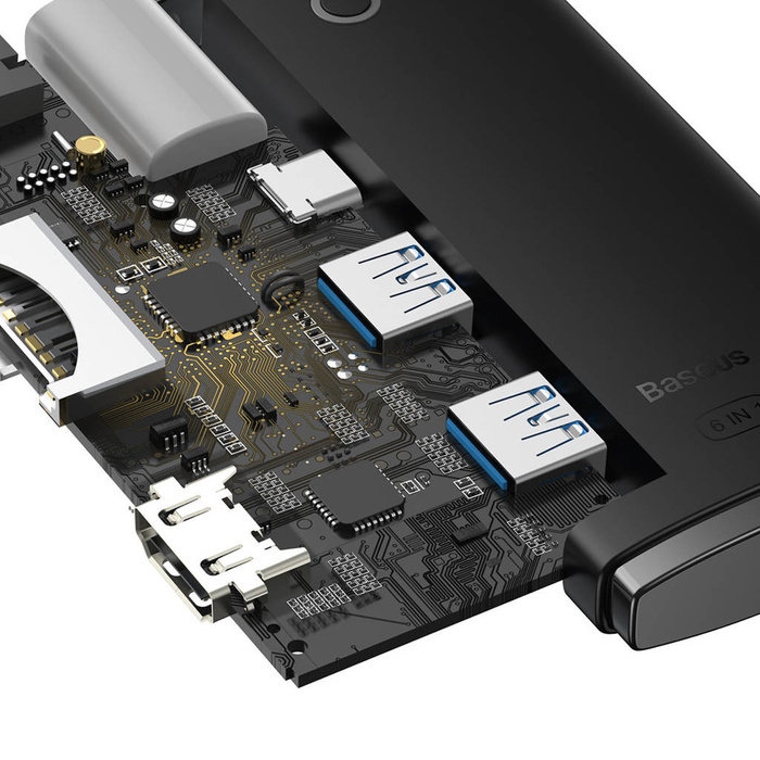 Baseus Lite Series wielofunkcyjny HUB USB Typ C - 2 x USB 3.0 / USB Typ C / HDMI 1,4 / SD/TF czarny (WKQX050001)