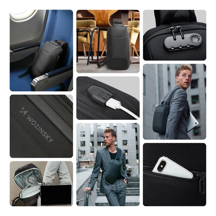 Plecak miejski Wozinsky Premium na jedno ramię, antykradzieżowy z organizerem i USB - czarny