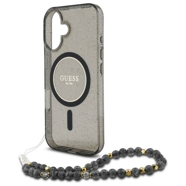 Etui Guess iPhone 16 6.1" czarny/czarny hardcase IML Glitter With Pearl Strap MagSafe