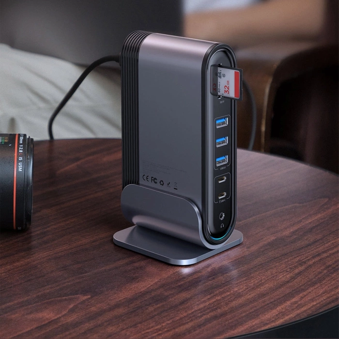 [PO ZWROCIE] HUB Baseus CAHUB-DG0G 3x USB 3.2 Gen 1 / 2x USB-A / 2x USB-C / czytnik kart SD, micro SD / AUX / 3x HDMI / RJ45 PD 100W (wtyczki EU / CN / UK) - szary