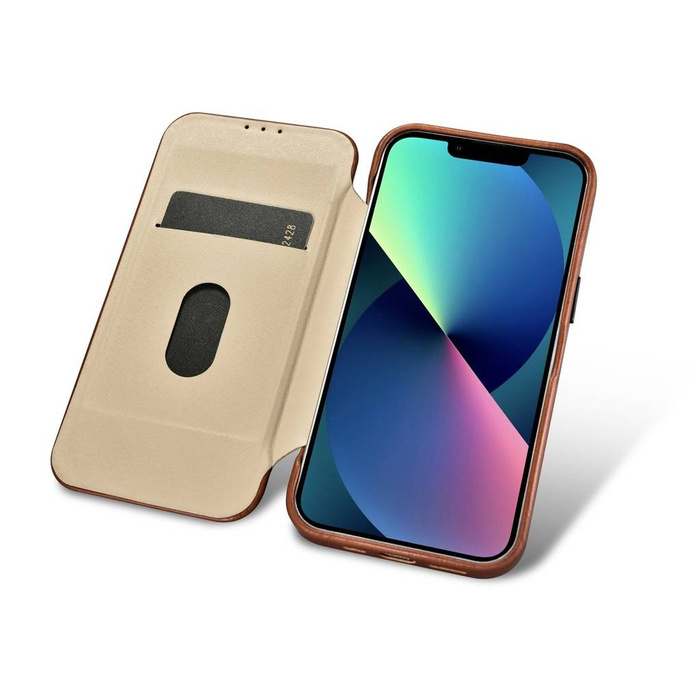 iCarer CE Oil Wax Premium Leather Folio Case skórzane etui iPhone 14 z klapką magnetyczne MagSafe brązowy (AKI14220705-BN)