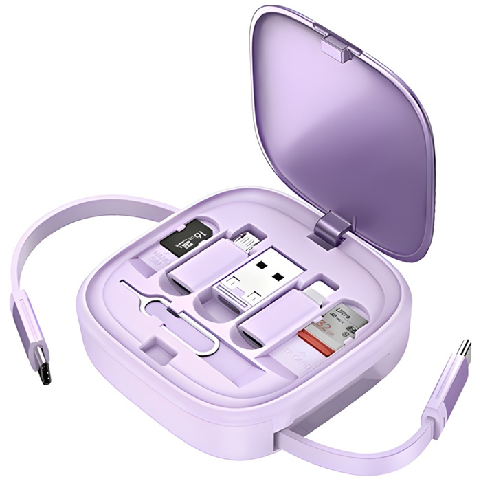 USAMS Kabel rozwijany 3w1 z pudełkiem MicroUSB/USB-C/Lightning 60W fioletowy/purple SJ650USB03 (US-SJ650)