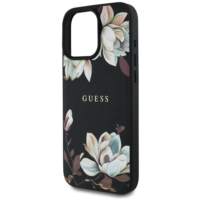 Etui Guess Grained Printed Flower         Pattern MagSafe do iPhone 16 Pro Max czarny