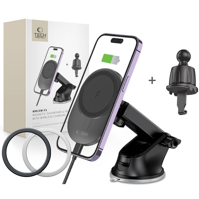 UCHWYT TECH-PROTECT MM15W-V1 MAGNETIC MAGSAFE DASHBOARD & VENT CAR MOUNT WIRELESS CHARGER 15W BLACK