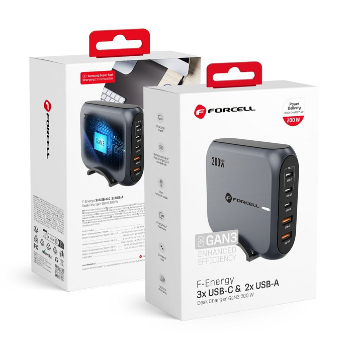 Ładowarka biurkowa Forcell F-Energy GaN III 3 x USB C + 2 x USB A QC4.0 PD 5A 200W VT-51 szara