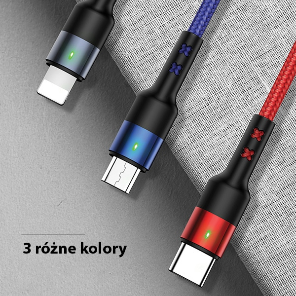 Kabel Pleciony USAMS 3w1 Lightning MicroUSB USB-C 2A Fast Charge 3m Czarny
