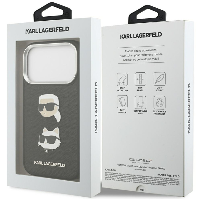 Etui Karl Lagerfeld FW Grained Karl &    Choupette Heads Pins & Logo do iPhone 17 Pro czarny