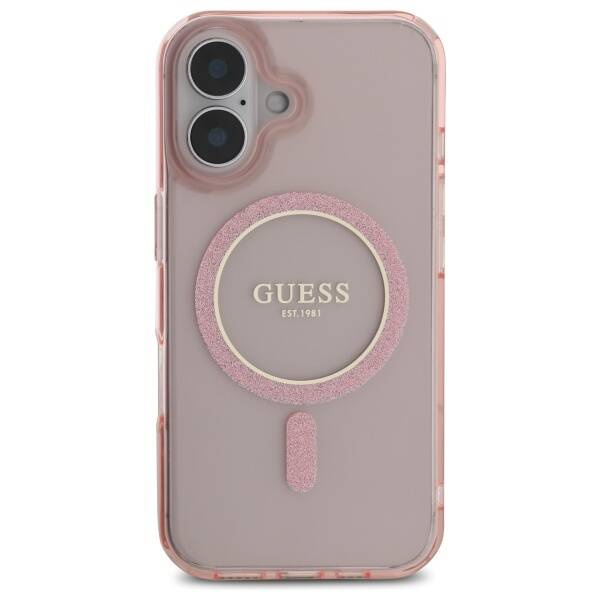Etui Guess iPhone 16 różowy/pink hardcase IML Glitter Circle MagSafe