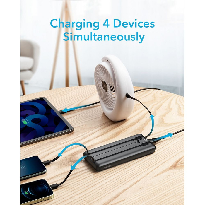 VEGER powerbank 10000 mAh z wbudowanymi kablami Micro USB / Typ C / Lightning C10 (W1116) czarny