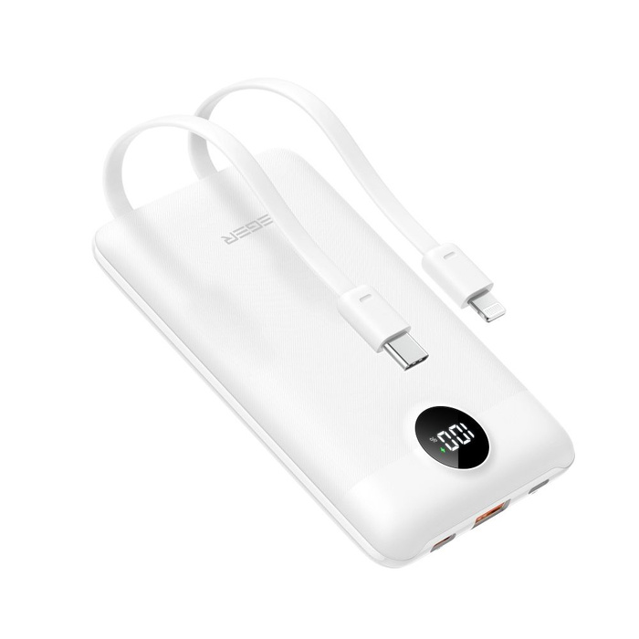 Powerbank Veger (W1170) PD QC3.0 2A 22,5W 10000 mAh z wbudowanymi kablami USB C / Lightning biały 0INT