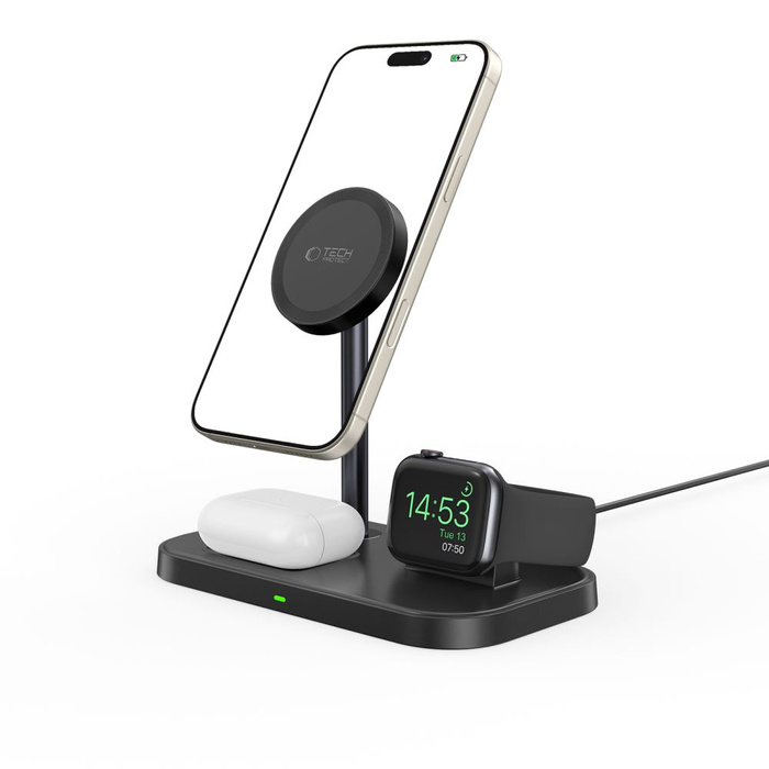 ŁADOWARKA TECH-PROTECT QI15W A22 3IN1 MAGNETIC MAGSAFE WIRELESS CHARGER BLACK