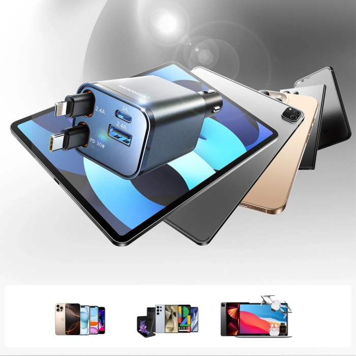 Ładowarka samochodowa Joyroom JR-CCL05 30W 4w1 z 2 wbudowanymi kablami zwijanymi - ciemnoszara