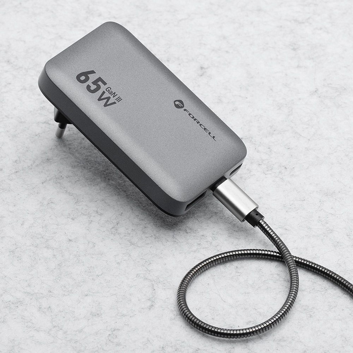 Ładowarka sieciowa do telefonu Forcell F-Energy Ultra Slim GaN III 2 x USB C + USB A QC4.0 PD 4A 65W VT-47 szara 0INT