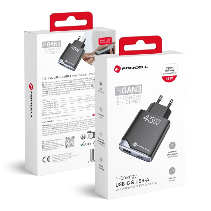 Ładowarka sieciowa do telefonu Forcell F-Energy Ultra Slim GaN III USB C + USB A PD QC4.0 3A 45W B245202(1A1C) czarna