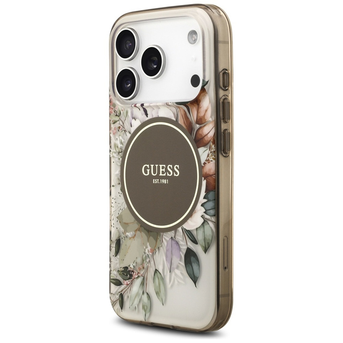 Etui Guess IML Flower & Tonal Circle     MagSafe do iPhone 17 Pro brązowy
