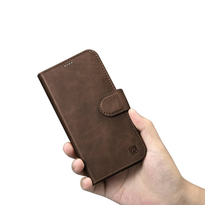 iCarer Oil Wax Wallet Case 2in1 etui iPhone 14 skórzany pokrowiec z klapką Anti-RFID brązowy (WMI14220721-BN)