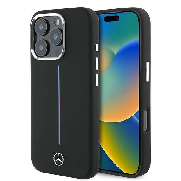 Etui Mercedes iPhone 16 Pro Max 6.9" czarny/black hardcase Silicone Blue Stripe MagSafe