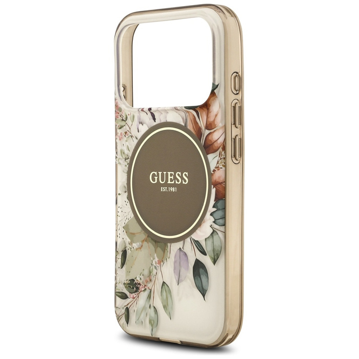Etui Guess IML Flower & Tonal Circle     MagSafe do iPhone 17 Pro brązowy