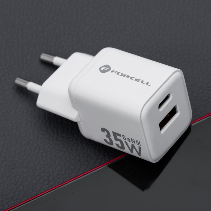 Ładowarka sieciowa do telefonu Forcell F-Energy Mini GaN III USB C + USB A QC4.0 PD 35W VT-35C biała 0INT