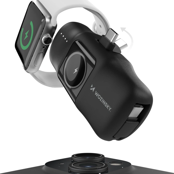 Mini powerbank Wozinsky WF16-YCS 5000mAh 15W USB-C z wbudowanym kablem USB-C i ładowarką do Apple Watch - czarny