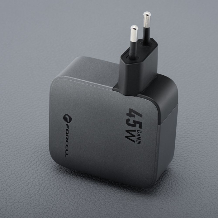 Ładowarka sieciowa do telefonu Forcell F-Energy GaN USB C + zwijany kabel USB C PD QC4.0 3A 45W VT-R5 szara