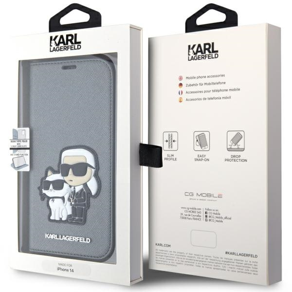 Etui Karl Lagerfeld KLBKP14SSANKCPG iPhone 14 6.1" bookcase srebrny/silver Saffiano Karl & Choupette Case