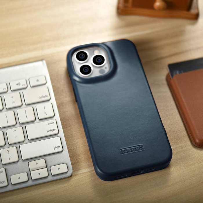 iCarer CE Oil Wax Premium Leather Folio Case skórzane etui iPhone 14 Pro z klapką magnetyczne MagSafe niebieski (AKI14220706-BU)