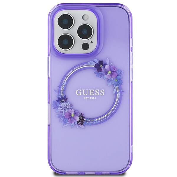 Etui Guess iPhone 16 Pro 6.3" purpurowy/purple hardcase IML Flowers Wreath MagSafe