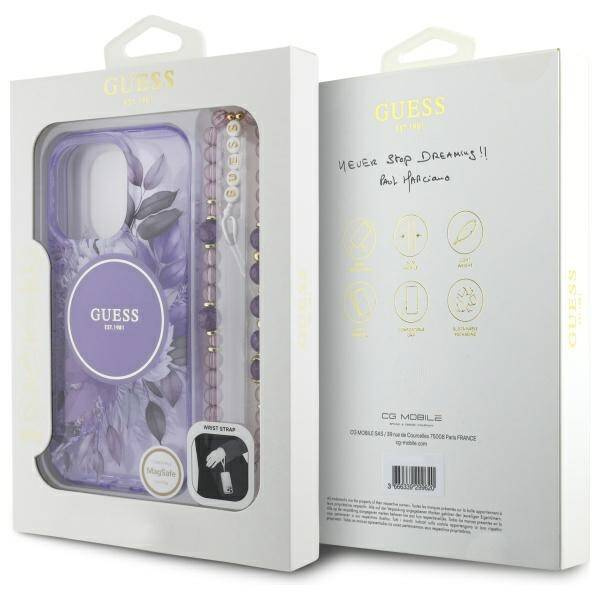 Etui Guess iPhone 16 Pro Max 6.9" fioletowy/purple hardcase IML Flowers With Pearl Strap MagSafe