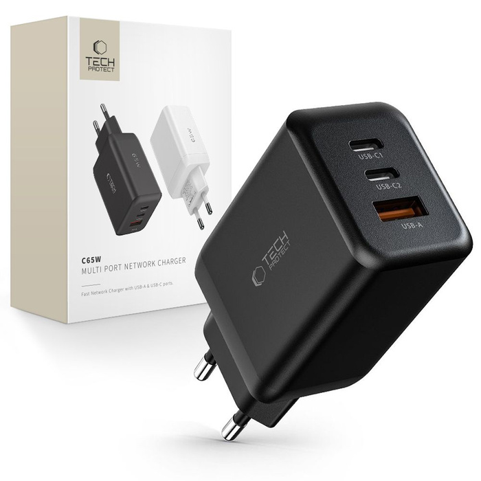 ŁADOWARKA TECH-PROTECT C65W 3-PORT NETWORK CHARGER PD65W/QC3.0 BLACK