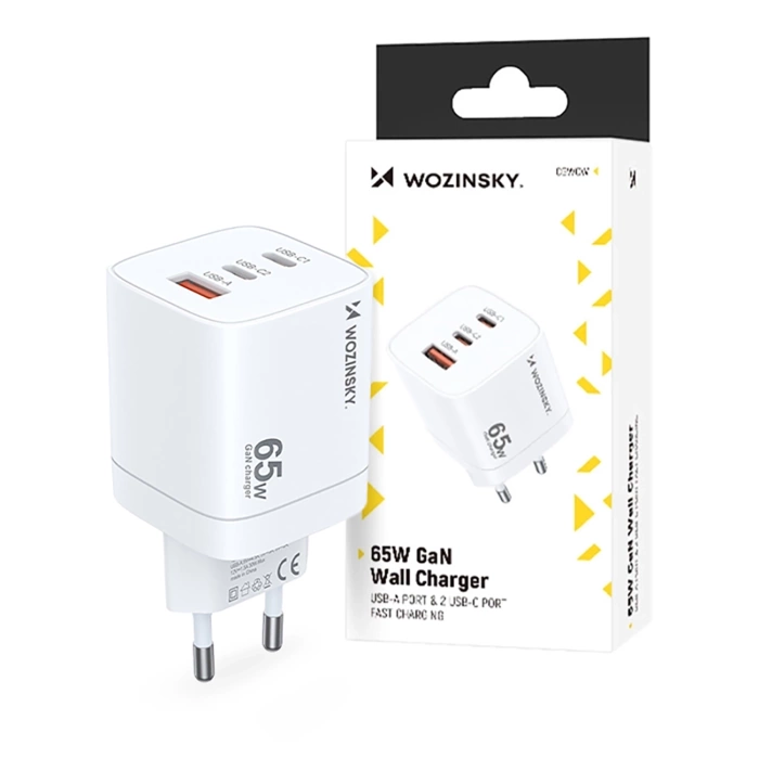 Ładowarka sieciowa GaN Wozinsky CGWCW 65W USB-A / 2 x USB-C - biała