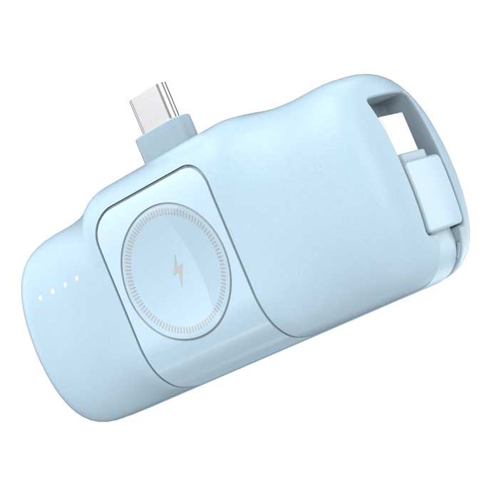 Mini powerbank Wozinsky WF16-YCS 5000mAh 15W USB-C z wbudowanym kablem USB-C i ładowarką do Apple Watch - niebieski