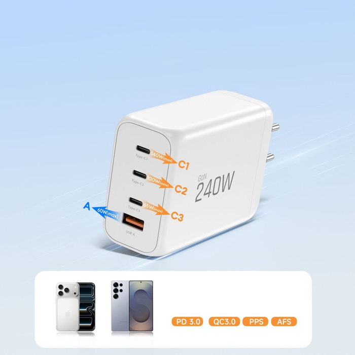 TECH-PROTECT NC240W-GAN 4-PORT NETWORK CHARGER PD 240W / QC3.0 WHITE