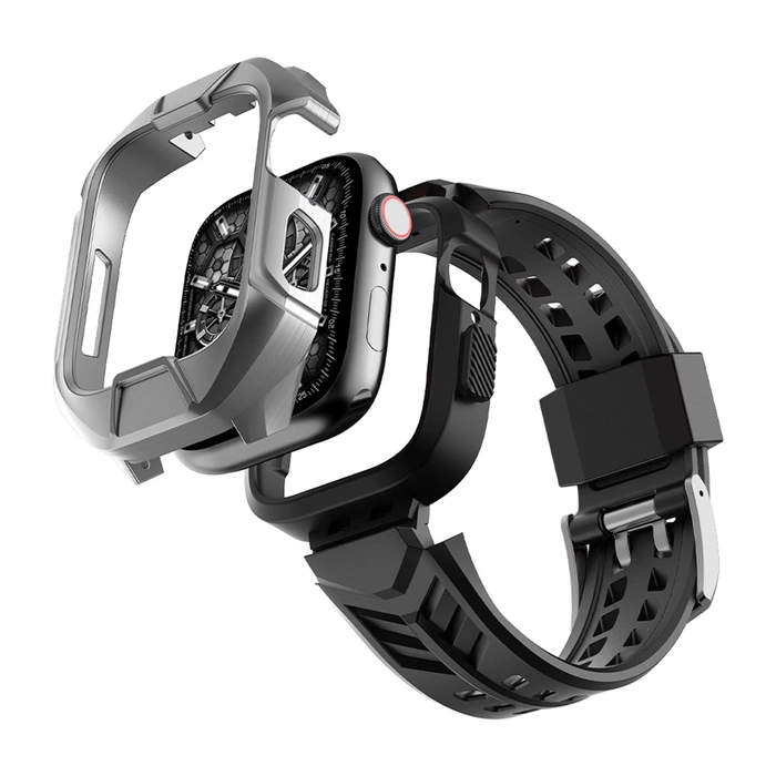 [PO ZWROCIE] Kingxbar CYF136 2w1 pancerne etui Apple Watch SE, 6, 5, 4 (44 mm) ze stali nierdzewnej z paskiem srebrne