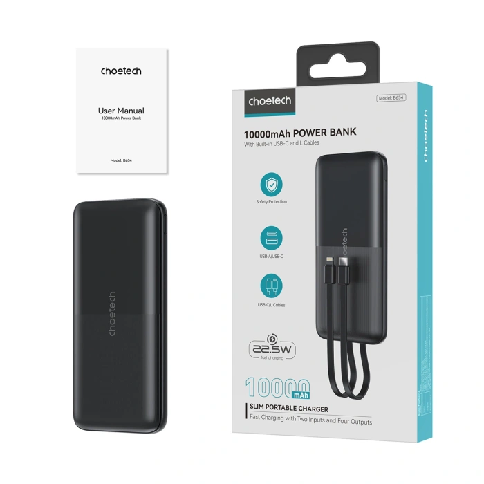 Powerbank Choetech B654 10000mAh 22.5W USB-A / USB-C / micro USB z wbudowanym kablem USB-C / Lightning - czarny