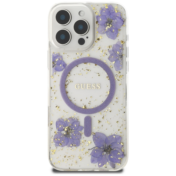 Etui Guess Resin Flowers MagSafe do      iPhone 16 Pro fioletowy