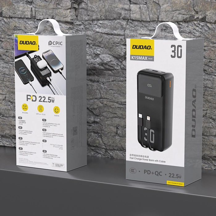 Powerbank Dudao K15MAX 30000mAh PD 22.5W z wbudowanymi kablami - czarny