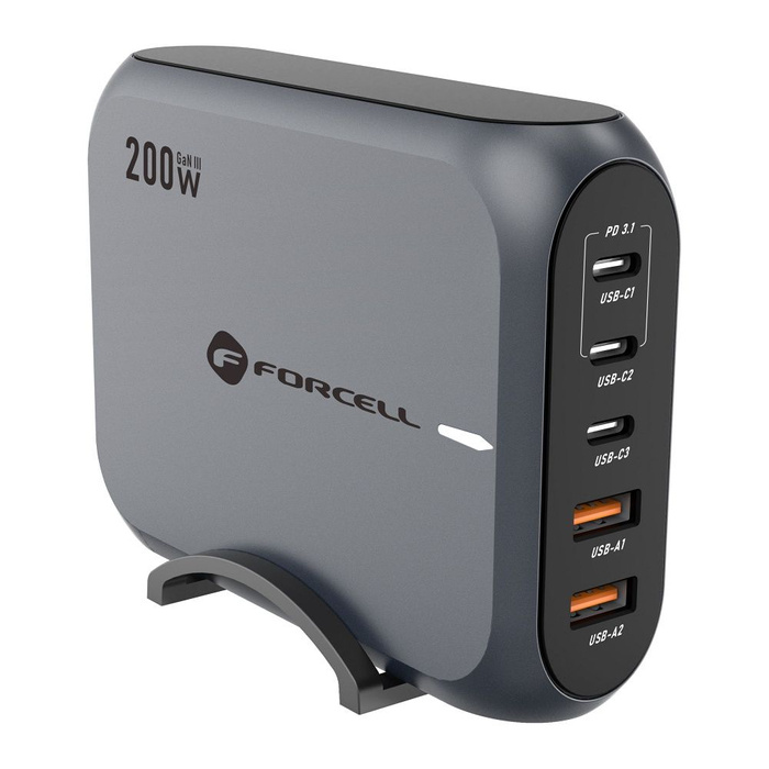 Ładowarka biurkowa Forcell F-Energy GaN III 3 x USB C + 2 x USB A QC4.0 PD 5A 200W VT-51 szara
