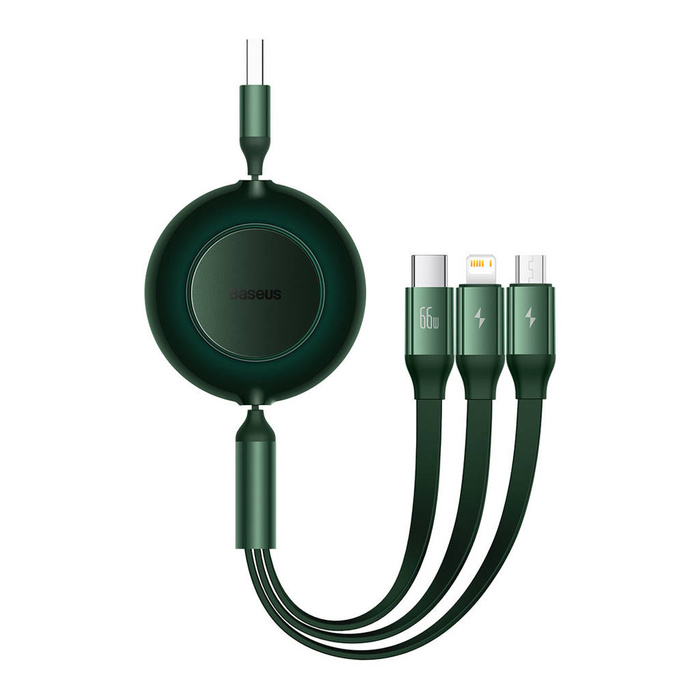 Baseus Bright Mirror 2 zwijany kabel przewód 3w1 USB Typ A - micro USB + Lightning + USB Typ C 66W 1.1m zielony (CAMJ010106)