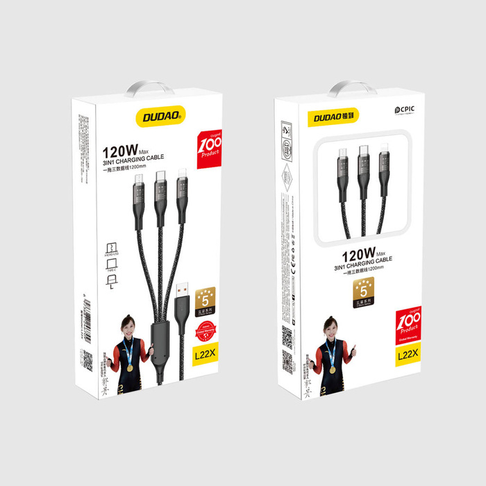 Kabel do szybkiego ładowania 120W 1m  3w1 USB - USB-C / microUSB / Lightning Dudao L22X - srebrny