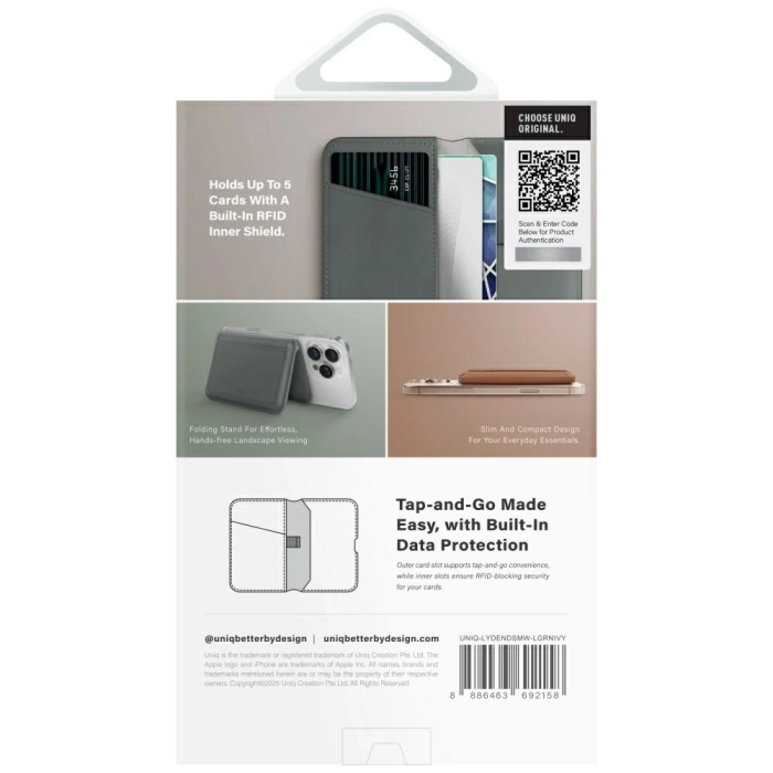 Magnetyczny portfel RFID UNIQ Lyden DS   stojak na telefon zielony