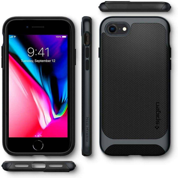 Etui Spigen iPhone SE 2022 2020 7 8 Neo Hybrid Metal Slate Szare Case + Szkło SPIGEN Full Cover